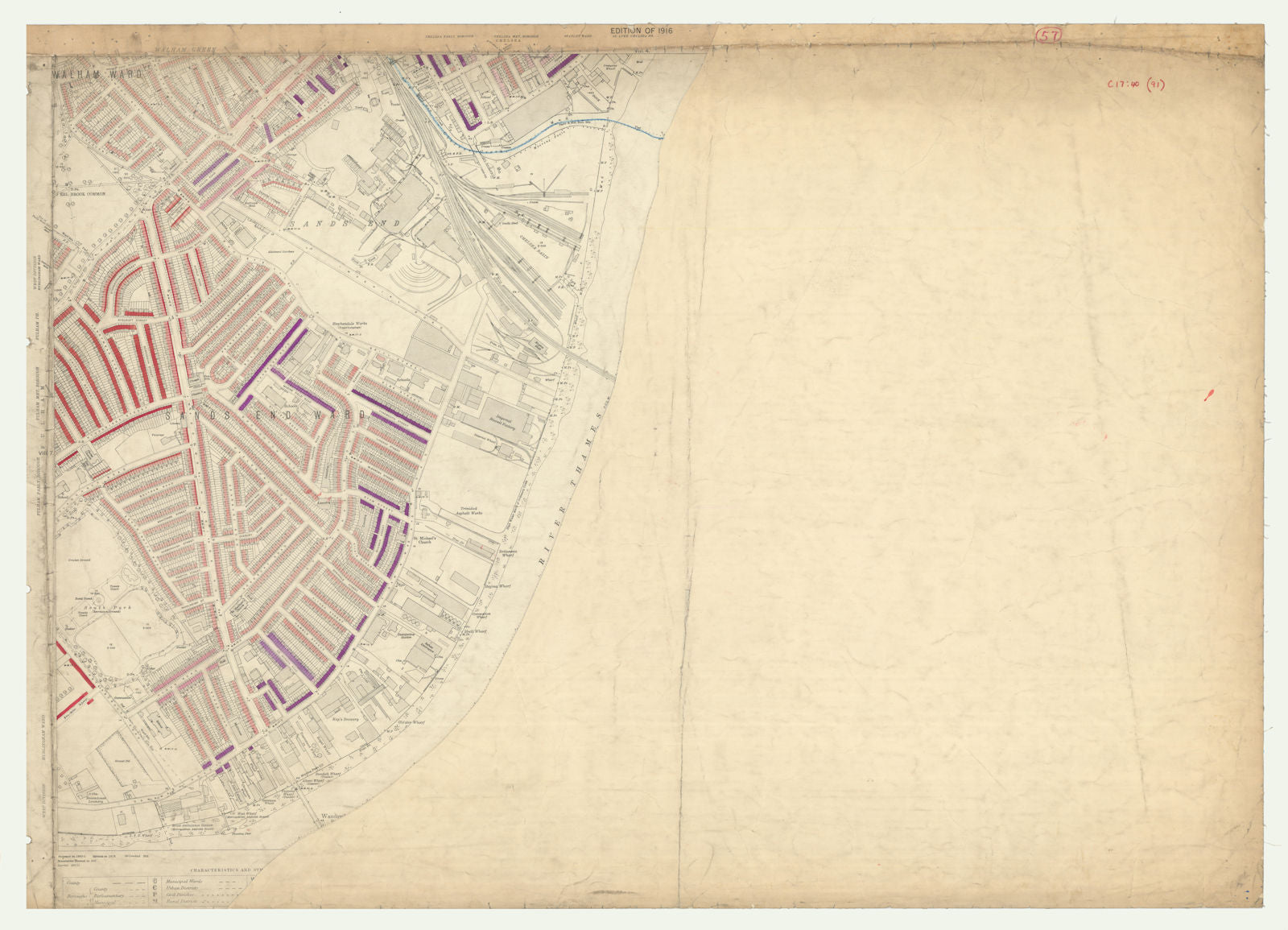 LSE POVERTY OS PROOF MAP Chelsea Harbour - Sands End - Walham - Fulham 1928